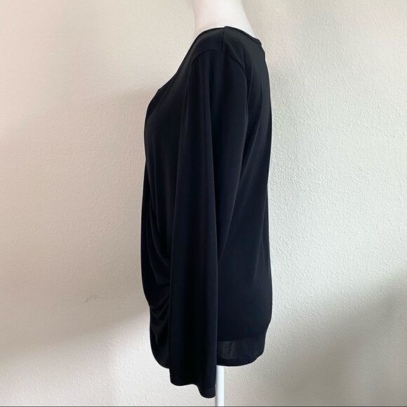 𝅺robert Rodriguez Black Stretchy Natalie Faux Wrap Drape 3/4 sleeve Top L - Picture 2 of 5
